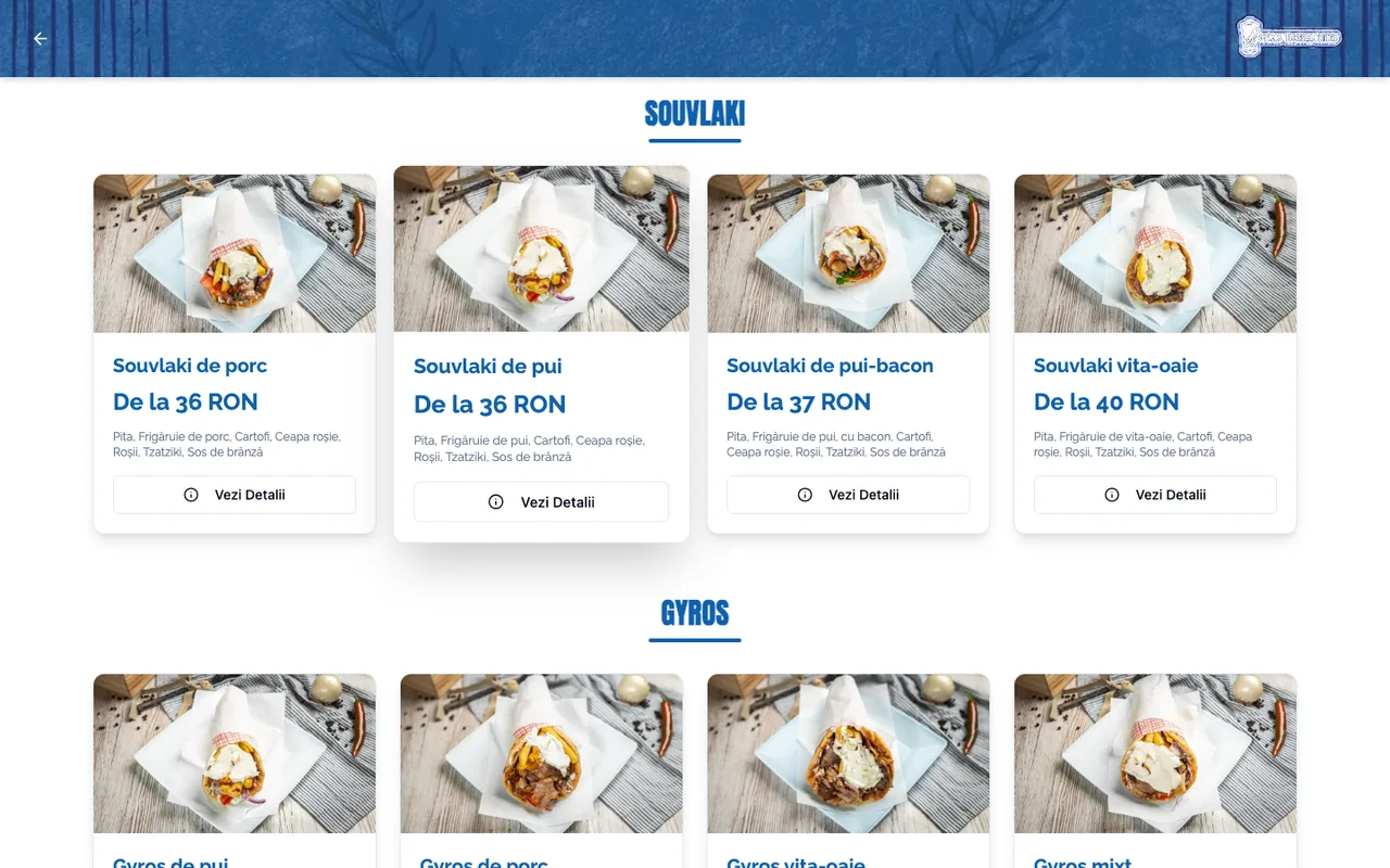 Meniul digital Gyros Thessalonikis cu preparate souvlaki și ingrediente