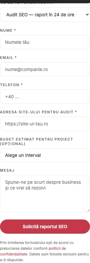 Formularul public de contact cu Audit SEO selectat, fără date completate